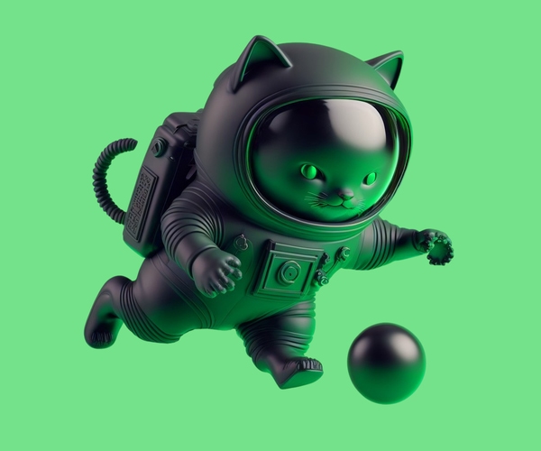 The final render of a jumping cat with a ball on a solid green background